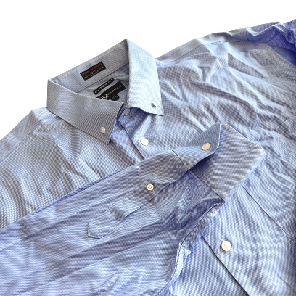 Neiman Marcus Mens Light Blue Classic Fit Stretch Wrinkle Free Dress Shirt 17.5